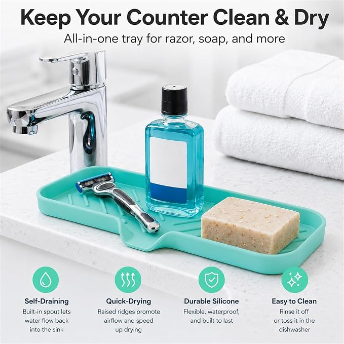 MicoYang Silicone Soap Dish with Drain Spout — Self-Draining Double Sink Organizer Tray for Kitchen & Bathroom, Dispensers, Sponges & Soap Holder, Non-Slip & Dishwasher Safe, Mint (Large, 12"×4")