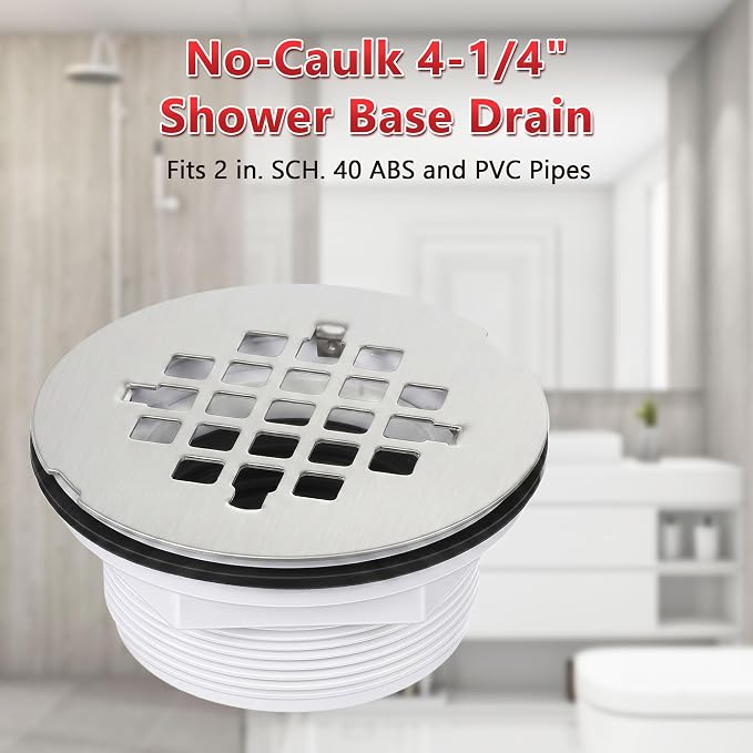 Enhon 4.25" OD Shower Drain Assembly, Snap in Shower Base Drain and Round Grid Strainer Cover, Fits 2 in. Schedule 40 ABS and PVC Pipes, Stainless Steel Cap, ABS Base(Silver,1 Pack)