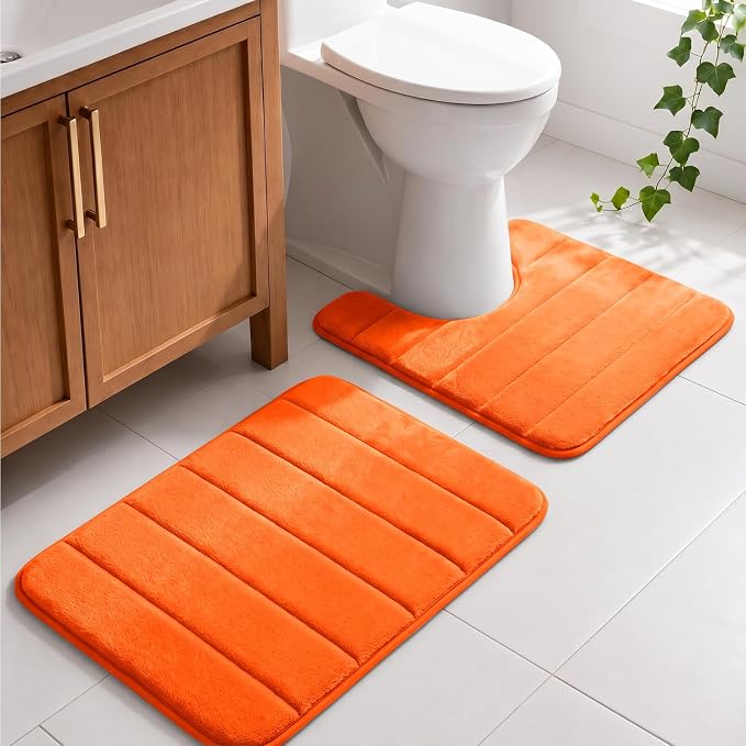 Memory Foam Bathroom Rugs Sets 2 Piece - Super Soft Absorbent Quick Dry Memory Foam Bathroom Rugs, Machine Washable Non Slip Floor Carpet for Tub Shower & Single Sink 16x24 & 20x20,(Orange)