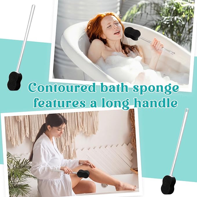 3 Pcs Long Handle Bath Sponge 22.4'' Back Sponge on a Stick Lightweight Back Washer Handled Butt Scrubber Shower Brush for Foot Body Cleaning Bathing Limited Motion (Black)