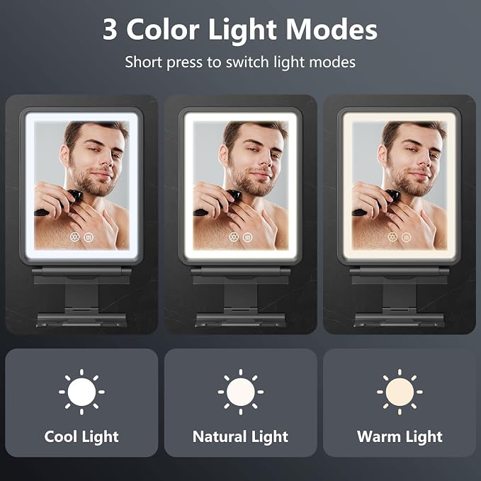 Heated Shower Mirror Fogless for Shaving, Anti-Fog Mirror for Shower | 3 Colors Stepless Dimmable Lights, 5000mAh Rechargeable Battery with Razor Holder, No-Drilling, Light Memory Function