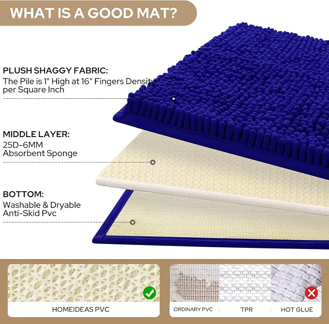 HOMEIDEAS Royal Blue Chenille Bathroom Rugs Set of 3, Non Slip Bath Mat | Super Absorbent, Soft Microfiber, Machine Washable, Stain Resistant, for Bathroom Decor
