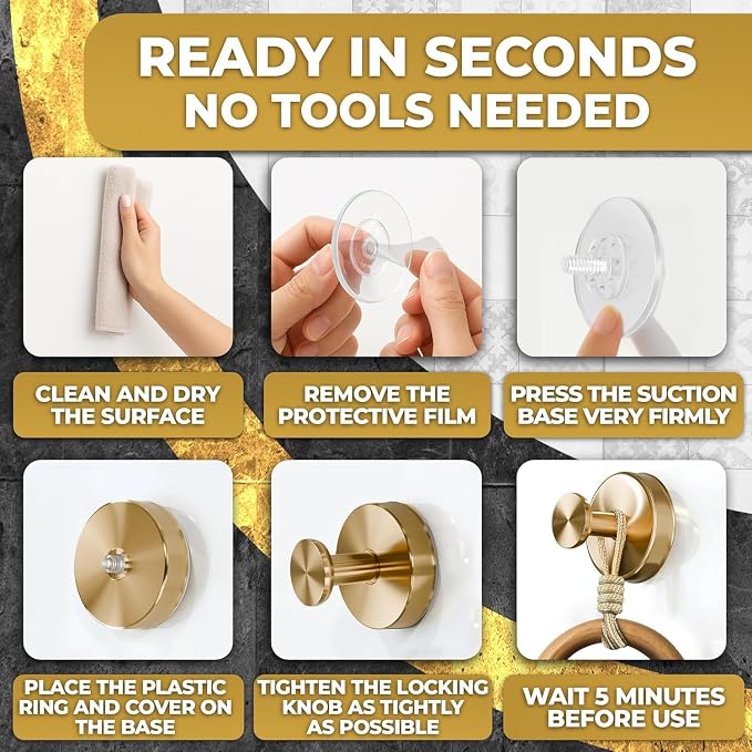 Suction Cup Shower Hooks 2 Pcs - Gold Shower Hooks, Quick-Mount Rustproof Gold , Kitchen, Glass Door, Mirror, Tile, Removable Suction Towel Hook That Holds up to 11Lbs for Loofah, Bath Robe, Towel