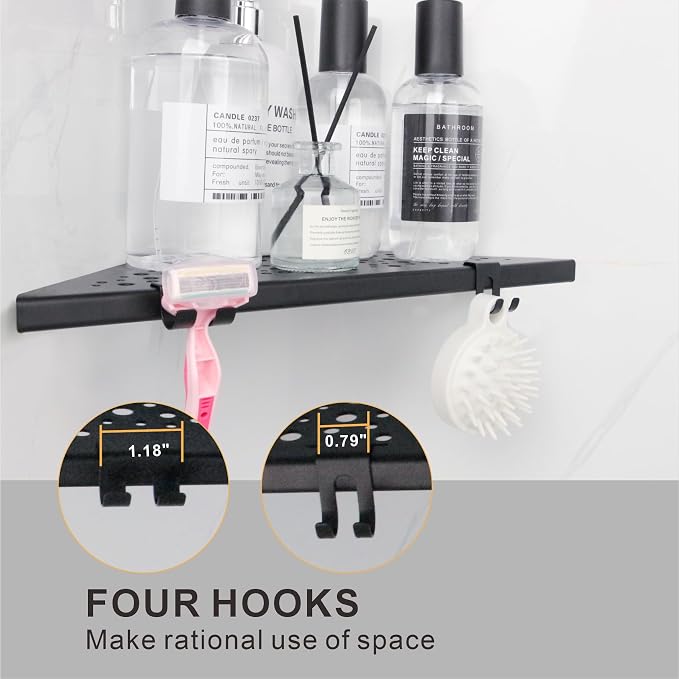 WELLUP Corner Shower Shelf with 4 Hooks,10 Inch 304 Stainless Steel Recessed Bathroom Shelves,No-Drilling Installation for Tiled Wall,Matte Black, 2-Pack