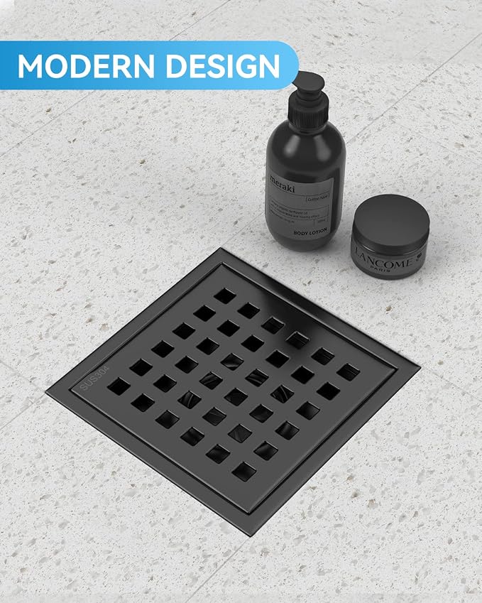Black Shower Drain 4 Inch with Flange CUPC Certified- Made of 304 Stainless Steel, Square Shower Drain Includes Removable Cover Grid Grate,Thread Adapter
