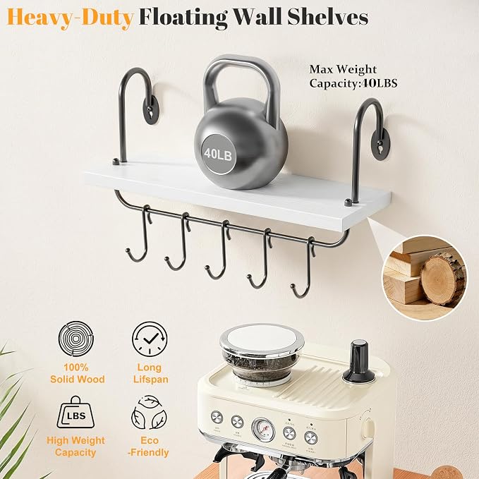 Olakee Floating Wall Shelves for Kitchen Bathroom Coffee Nook with 10 Adjustable Hooks for Mugs Cooking Utensils or Towel Rustic Storage Shelves Set of 2/17x5.9 inch (White)