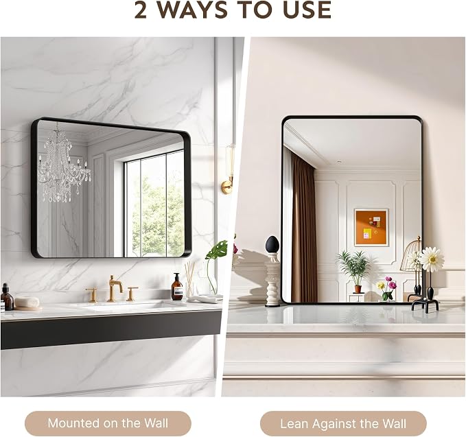 32"x24" Bathroom Vanity Mirror for Wall Aluminum Framed Farmhouse Rectangle | Anti-Rust, HD Reflection Anti-Desilvering, Distortion Free, Tempered and Shatter-Proof Wall Mounted Mirror, Black