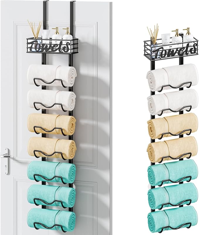 HapiRm Over The Door Towel Rack - 8 Tier Wall Mount Rolled Towel Holder Storage Organizer Shelf with Storage Basket for Small Bathroom, Rv, Camper - Black