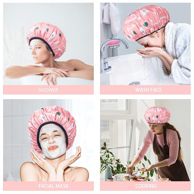 Aquior Shower Cap,Extra Large Triple Layer Bathing Cap with Dry Hair Function for Women Microfiber Terry Cloth Silky Satin 100%% Waterproof Reusable Long Hair Bath Caps (Pink Flora)