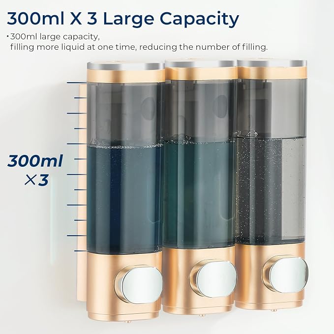 Pollock Shower Soap Dispenser No Drill 3 Chamber*300ML,Gold | Shampoo and Conditioner Dispenser Wall Mounted,Shampoo Body Wash Conditioner for Bathroom Large Capacity