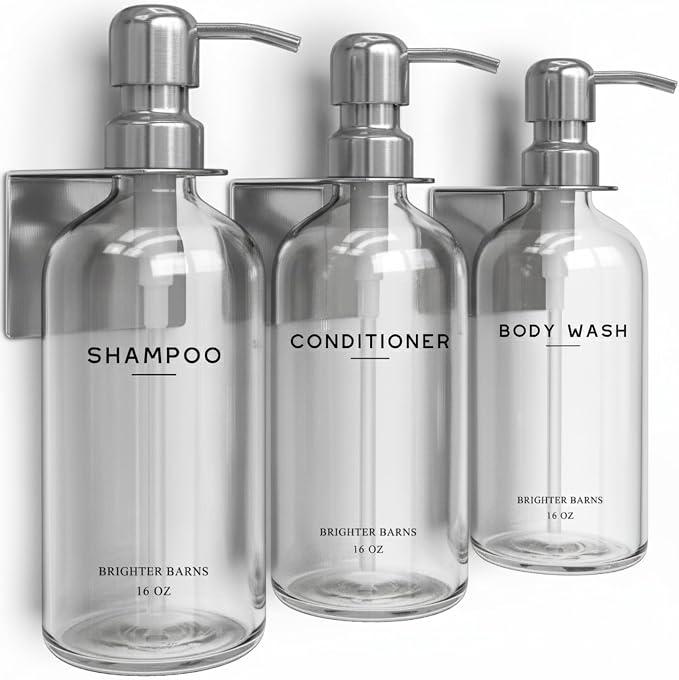 Clear Shampoo and Conditioner Dispenser Set Wall Mounted by Brighter Barns - Wall Mounted Shower Shampoo Dispenser for Shower Wall - Refillable Shower Soap Bottles 3 Chamber No Drill (Clear/Silver)