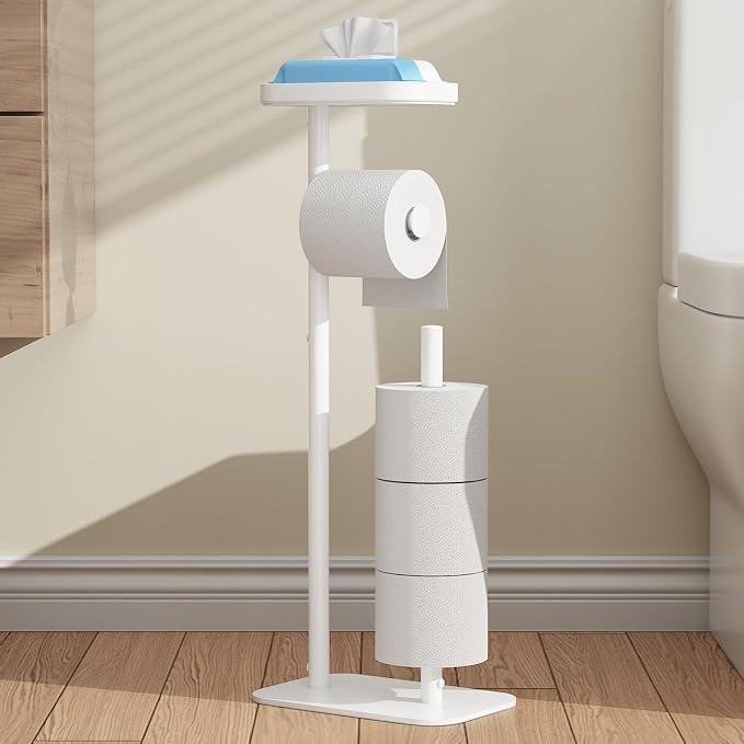 Kitsure Metal Toilet Paper Holder Free Standing, Medium, White | Rustproof Toilet Paper Stand for 4 Rolls, Bathroom Organizers and Storage with Anti-Slip Base and Plastic Shelf