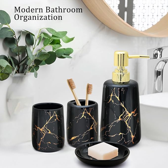 CERBIOR Bathroom Accessories Set,4 Pcs Ceramic Bathroom Accessory,Black | Includes Toothbrush Holder, Toothbrush Cup, Soap Dish for Decorative Countertop and Housewarming Gift