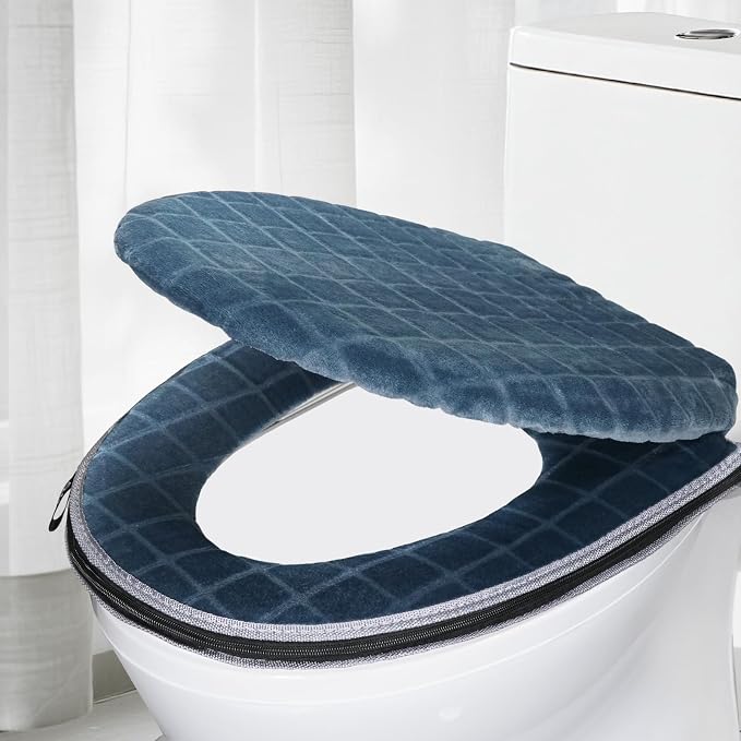 Toilet Seat Cover and Toilet Lid Cover Set, Soft Toilet Seat Cushion with Zipper Adjustable Rubber Backing Toilet Seat Warmer Bathroom Decor and Accessories, Blue Gray