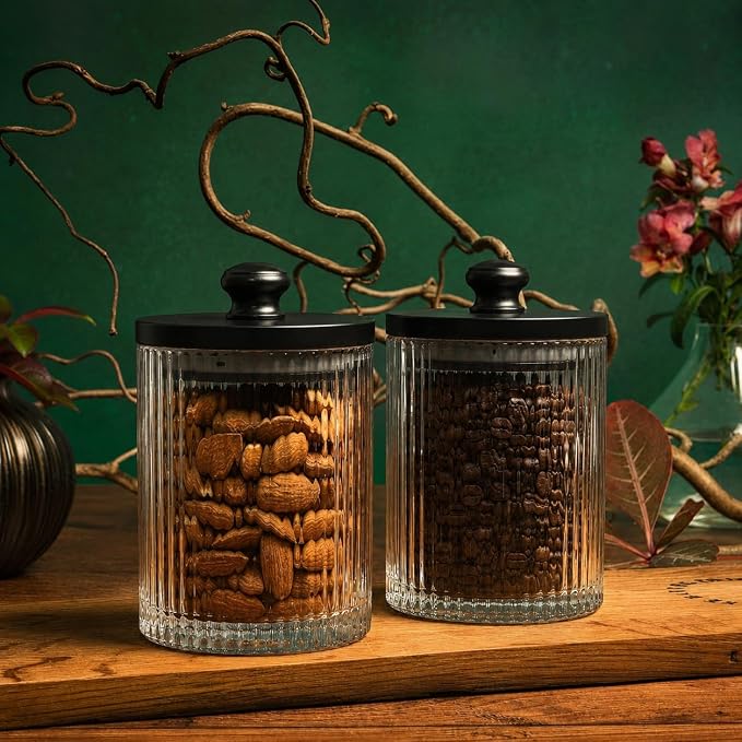 Mason & Fable Ribbed Glass Bathroom Jars | Set of 2 Farmhouse Style Storage Canister with Airtight Black Wooden Lids | Cotton Pad/Swab/Q tip Holder/Bath Salt/Clear Vanity