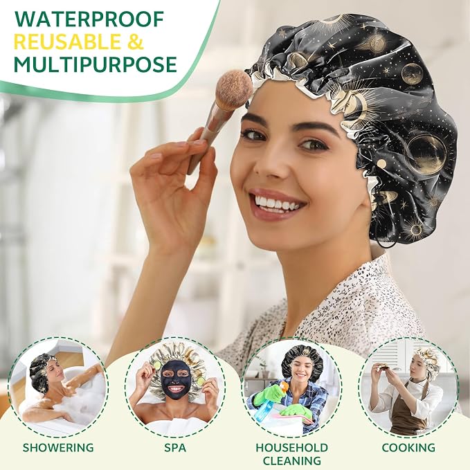 2 PCS Shower Cap Waterproof Double Layer Elastic Adjustable Reusable Hair Bath Caps for Girls Women Cute Aesthetic-Golden Black