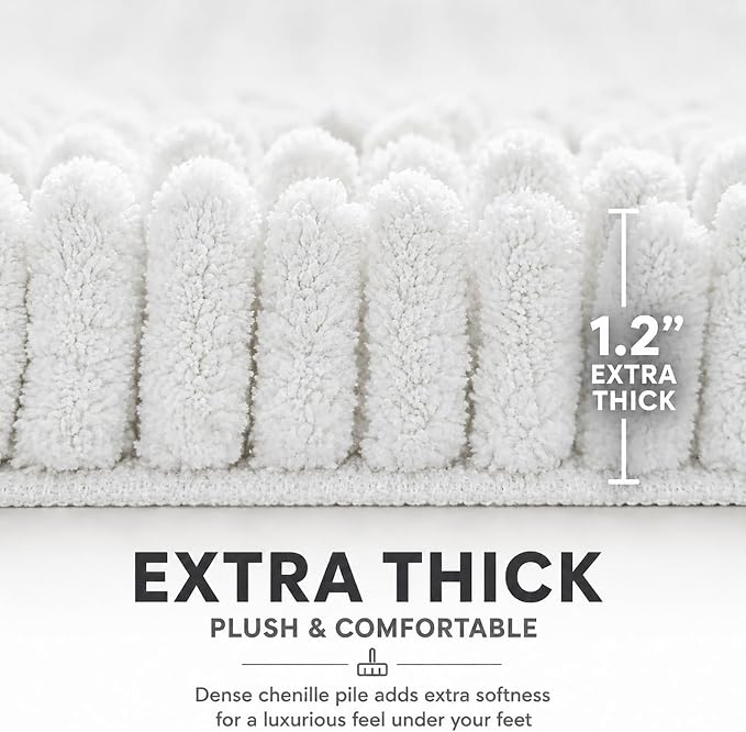 Bathroom Rugs Sets 2 Piece,Super Absorbent Soft,Thick,Machine Washable Chenille Bath Mat,Non Slip Toilet Floor Rug,Bath Mats for Bathroom,20x32 Plus 20x20 U Shape,White