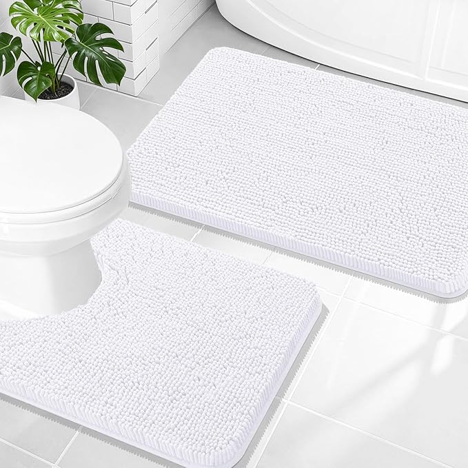 OLANLY Chenille Bathroom Rugs Mats Sets 2 Piece, 30"x20"+24"x20", White | Soft Absorbent Bath Mat and U-Shaped Contour Toilet Rug Set, Quick Dry, Machine Washable Bath Carpet, Home Decor Accessories