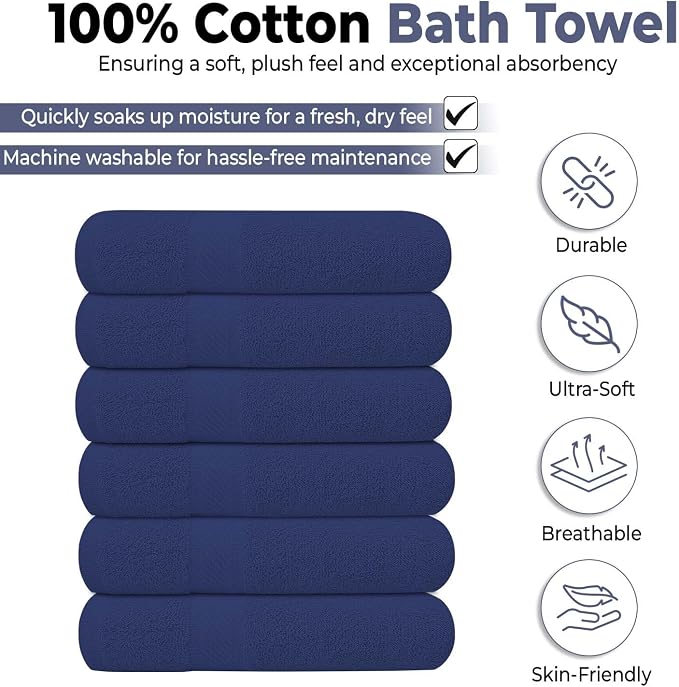 KAHAF COLLECTION 6 Pack Bath Towels Set (27 x 54 Inches) 100% Ring Spun Cotton, Lightweight, Quick Dry, Highly Absorbent Towels (Navy, (27x54) Inches)