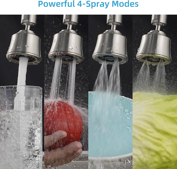 iFealClear Kitchen Sink Faucet Head, 360° Faucet Sprayer Attachment for Kitchen Faucet, Large Angle Faucet Aerator 55/64-27UNS, 2 Metal Swivel Joints, 4 Spray Modes, Metal Adapter, Brushed Nickel