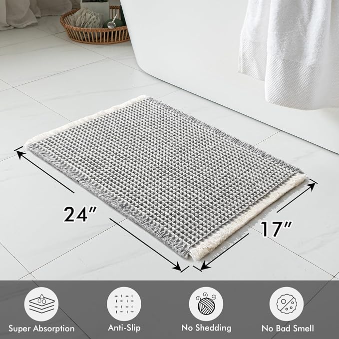 MIULEE Set of 2 Waffle Bathroom Rugs LightGrey&Cream Bath Mat 17x24 Inch | Non Slip, Super Absorbent, Washable, Ultra Soft, Rubber Backed, Small Boho Bath Rugs for Bathroom Floor Tub Shower