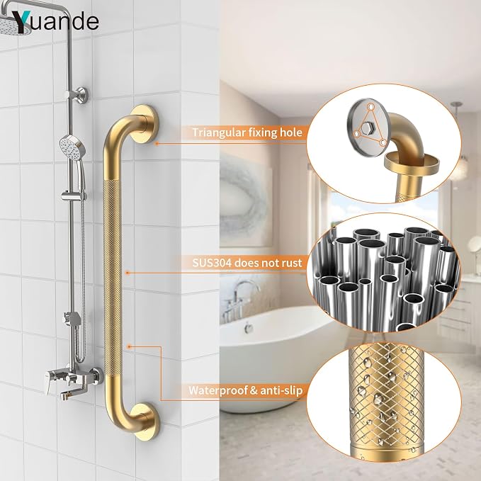 24 Inch Anti Slip Shower Grab Bar, YuanDe Brushed Gold Stainless Steel Bath Grab Bar, Knurled Bathroom Safety Rail, Shower Handrail Support, Handicap Elderly Balance Assist Handles-1.25" Diameter
