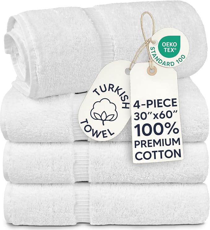 Chakir Turkish Linens 100% Cotton 4-Pack Bath Towels 30x60, White | 100% cotton bath towels, 30x60 extra large, OEKO-TEX certified, soft plush and absorbent
