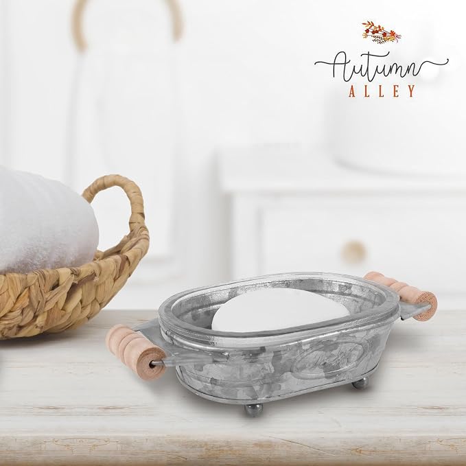 Autumn Alley Galvanized Farmhouse Soap Dish for Bathroom – Fun Kitchen Soap Tray – Farmhouse Bathroom Accessories – Rustic Soap Dish – Wooden Handles Add Vintage Appeal – Cute Bathtub Decor