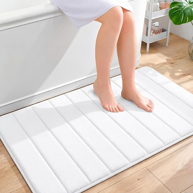 OLANLY Memory Foam Large Bath Mat 40x24, Super Soft Absorbent Bathroom Rugs | White, Quick Dry Bath Rug, Machine Washable Shower Floor Mats, Bathmat Carpet for Bathroom Floor, Tub and Shower