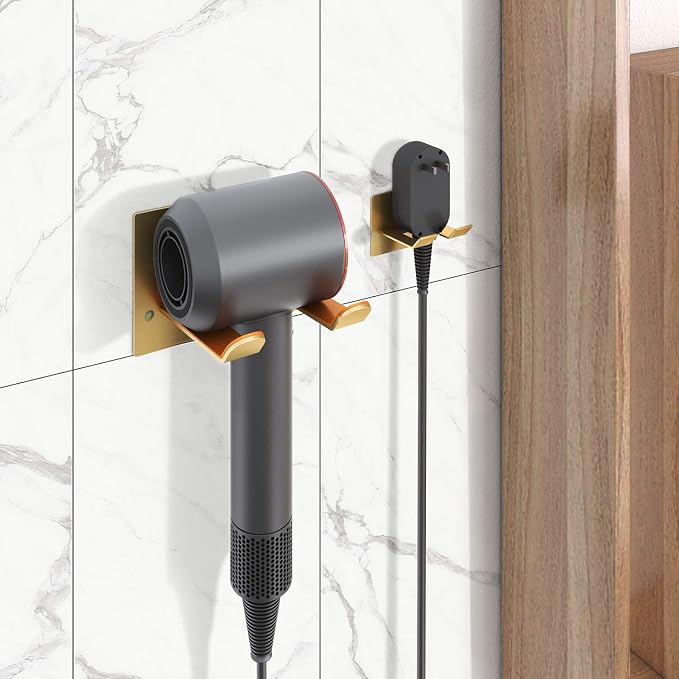 XIGOO Self Adhesive Hair Dryer Holder Wall Mounted | Stick on Wall Bathroom Hair Blow Dryer Rack, Organizer Compatible with Supersonic Hair Dryers, Gold