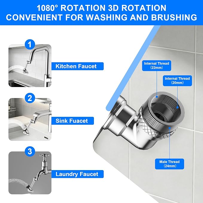 1080° Swivel Faucet Extender, Chrome Finish Sink Aerator with Universal Robotic Arm, Multi-Directional Spray Attachment for Kitchen and Bathroom