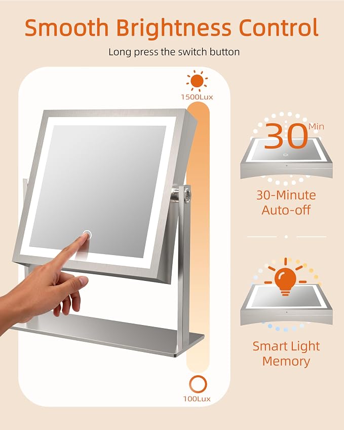 Ruacq Makeup Mirror with Lights, Dual Sided 1X/10X, Brushed Nickel | 8",4000mAh Rechargeable, Magnifying Mirror with 3 Color Lights,Touch Control Dimmable, 360° Rotation, Square, Gift for Women