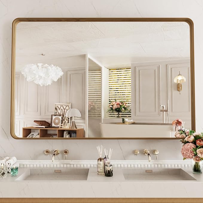 LOAAO 55X36 Inch Bathroom Mirror with Wood Grain Colored Metal Frame, Rounded Rectangle Metal Framed Bathroom Mirror, Anti-Rust, Hangs Horizontally or Vertically, Tempered Glass | Rounded Rectangle Metal Framed, Anti-Rust, Hangs Horizontally or Vertica...