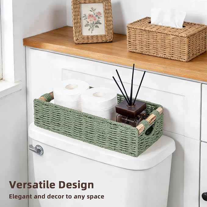 CubesLand Back of Toilet Storage Basket for Organizing w/Cut Out Handle, Handwoven Toilet Tank Top Paper Baskets, Wicker Decorative Basket for Countertop, Home Decor, Living Room, Nursery, Green