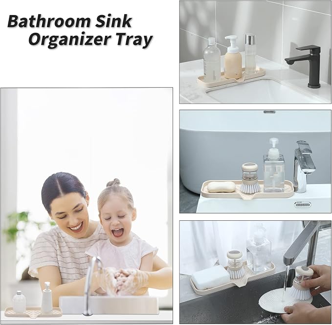MicoYang Silicone Soap Dish with Drain Spout — Self-Draining Double Sink Organizer Tray for Kitchen & Bathroom, Dispensers, Sponges & Soap Holder, Non-Slip & Dishwasher Safe, Tapioca (Large, 12"×4")