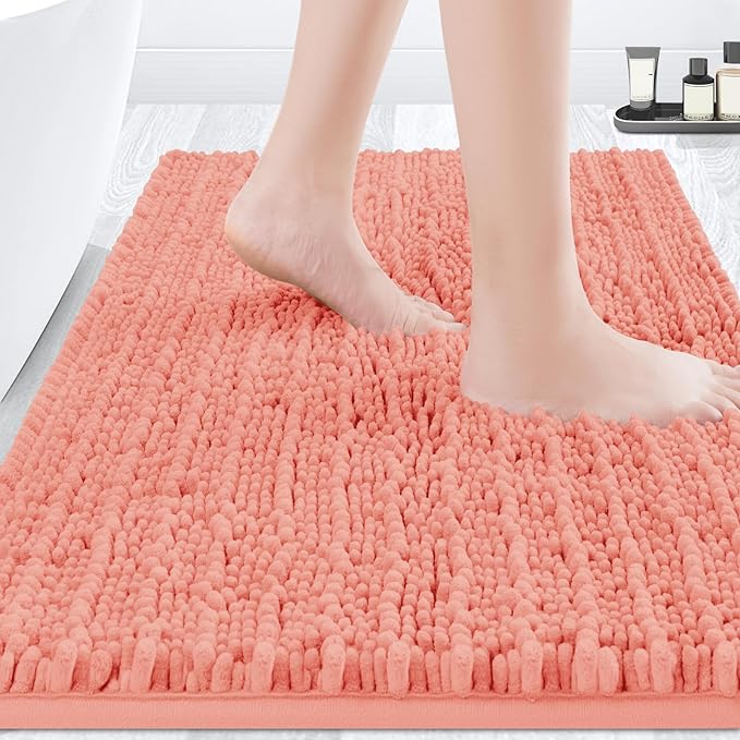 ACCUMTEK Upgrade Luxury Coral Bathroom Rug Mat 36"x24", Ultra Soft Thick Absorbent Bath Mats, Non Slip Chenille Toilet Mat for Bathroom, Bedroom, Kitchen, Shower, Tub