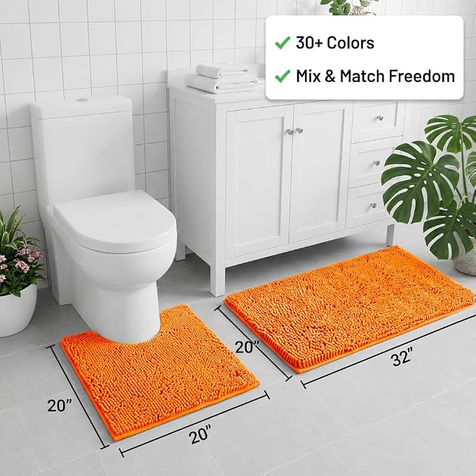 Bathroom Rugs Sets 2 Piece,Super Absorbent Chenille Bath Mats and U-Shaped Toilet Rug,Strong PVC Non Slip Backing,Microfiber Washable Dry Quickly Bath Mats for Bathroom(20"x32"+20"x20"U, Orange)