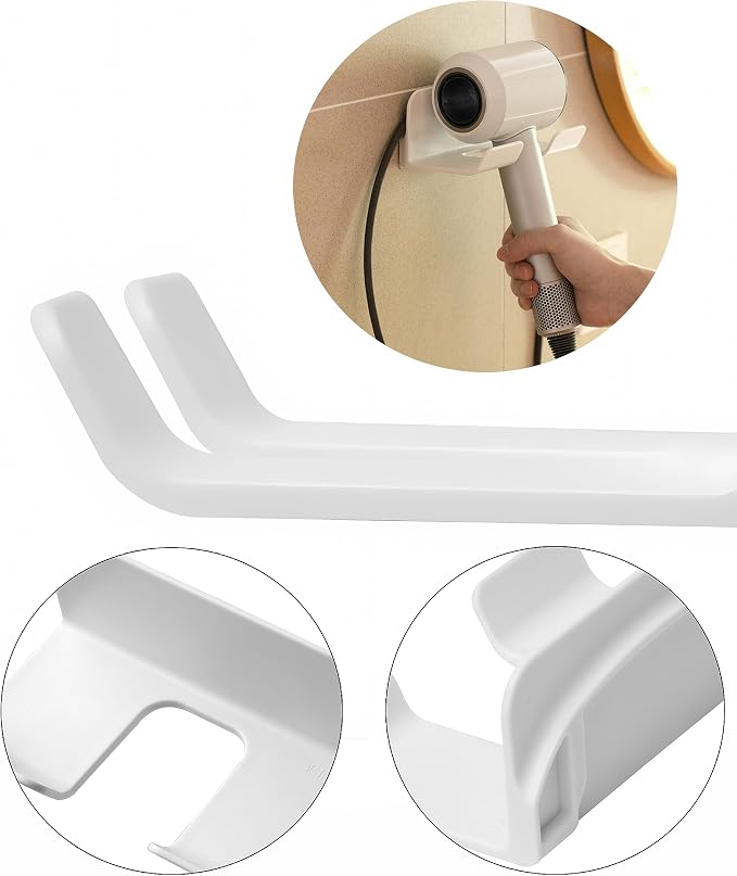 Hair Dryer Holder with Wire Hook, Self Adhesive Wall Mount | Universal storage rack fits most brand blow dryers, ideal for bathroom organization