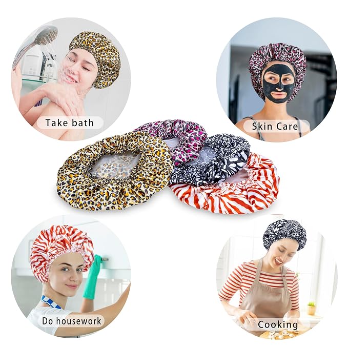 Shower Caps for Women, 4 PCS Reusable Waterproof Bath Cap | Double Layer, Washable, Wide Elastic Band, Holds Long Hair, Caps for Bath Accessories, Spa, Travel Home - Printed Color
