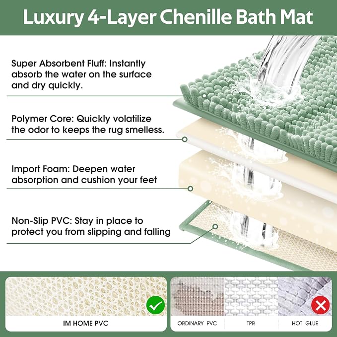 Christmas Striped Sage Green Bathroom Rug Mat Set 2 piece 24"x17"+48"x20" Ultra Soft, Non Slip Chenille Bath Rugs, Absorbent Plush Shaggy Bath Mats for Bathroom, Bedroom, Kitchen, Shower, Tub
