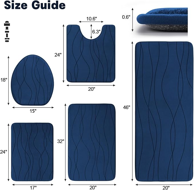 Bathroom Rugs Set 5 Piece, Memory Foam Bath Mat Navy Blue | Ultra Soft, Absorbent, Non-Slip, Machine Washable, for Bathroom, Sink and Toilet