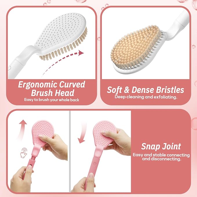 Back Scrubber for Shower & Silicone Bath Glove Set, 19’’ Detachable Long Handle Body Scrubber Wet or Dry Brush, Adjustable 2-in-1 Back & Body Brush with Soft Bristles for Deep Cleaning(White)
