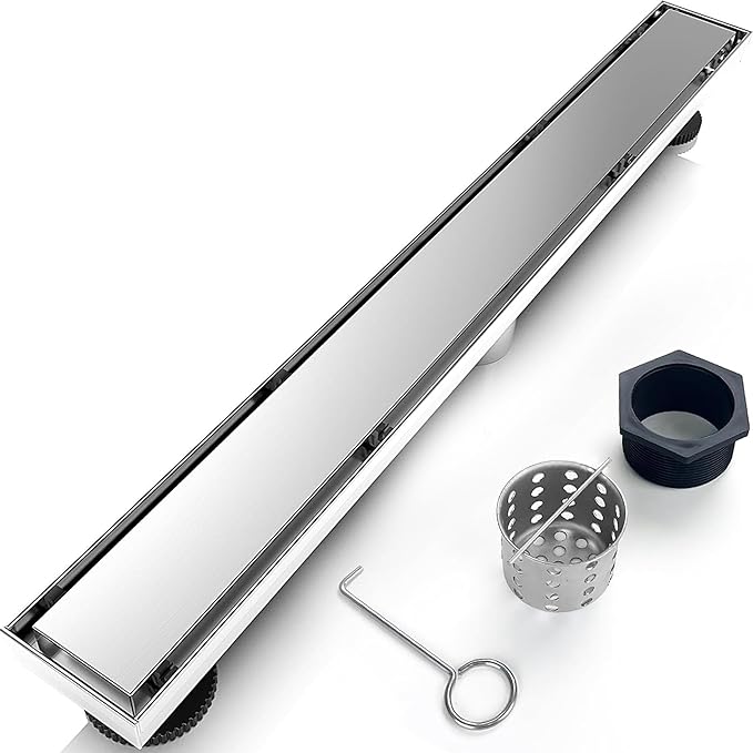 24 Inch Linear Shower Drain Silver Floor Drain for Bathroom Kitchen Rectangular 2 in 1 Floor Drain Tile Insert Cover 304 Stainless Steel Easy Install with Hair Strainer, Adjustable Leveling Feet
