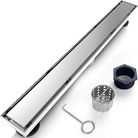 32 Inch Linear Shower Drain Silver Floor Drain for Bathroom Kitchen Rectangular 2 in 1 Floor Drain Tile Insert Cover 304 Stainless Steel Easy Install with Hair Strainer, Adjustable Leveling Feet