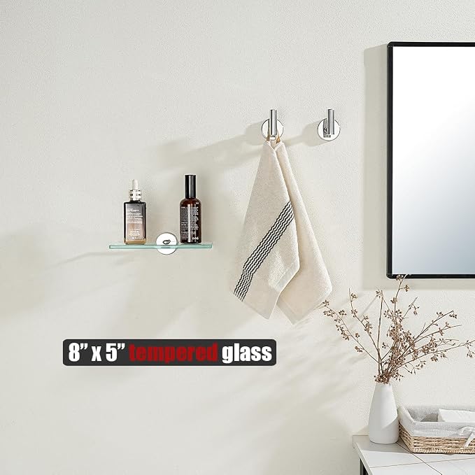 JQK Bathroom Glass Shelf Chrome, Tempered Glass Shower Storage 8 by 5 inches, 304 Stainless Steel Polished Chrome Wall Mount 2 Pack, TGS101L8-CH-P2