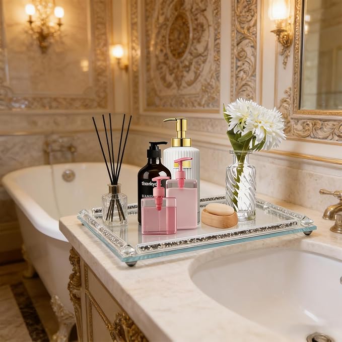 Large Mirror Perfume Tray for Dresser,Crushed Diamond Filled Glass Vanity Tray,Black Decorative Bathroom Tray,Crystal Tray for Home Decorative,Party,Hotel Banquet,15.7x11.8x1.4inch,Black