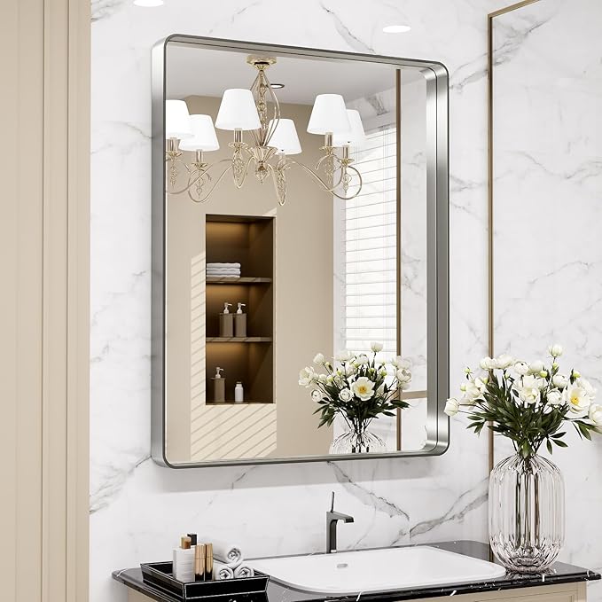 LOAAO 28X36 Inch Brushed Nickel Bathroom Mirror | Rounded Rectangle, Silver Metal Frame, Anti-Rust, Shatter Proof, Hangs Horizontally or Vertically