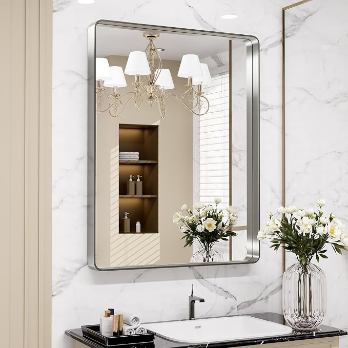 LOAAO 32X36 Inch Brushed Nickel Bathroom Mirror | Rounded Rectangle, Silver Metal Frame, Anti-Rust, Hangs Horizontally or Vertically, Tempered Glass