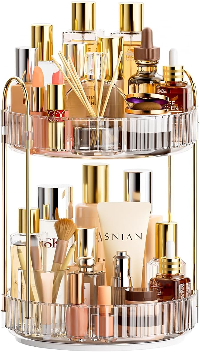 Bathroom Organizer Countertop, Rotating Makeup Organizer for Vanity, 2-Tier Make Up Organizers and Storage, Vanity Tray Shelf for Cosmetic, Skin Care, Lotions (Clear)