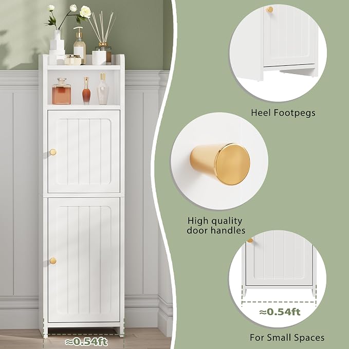 BEWISHOME Small Bathroom Cabinet, Bathroom Storage Cabinet with Adjustable Shelves & 2 Doors, Narrow Toilet Paper Cabinets, 7.9" D x 9.8" W x 31.5" H, for Small Spaces, White YYG13W